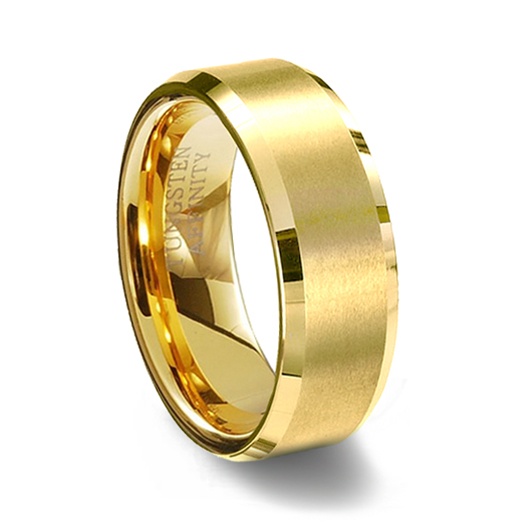 Gold Brushed Finish Tungsten Carbide Wedding Ring &amp; Polished Beveled Edge