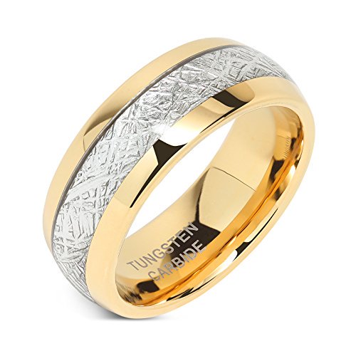 ATOP 8mm Mens Tungsten Carbide Ring Meteorite Inlay 14k Gold Plated Jewelry Wedding Band