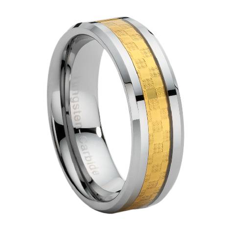 ATOP Mens Rings Tungsten Carbide Ring with Gold Carbon Fiber Inlay