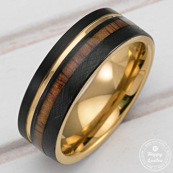ATOP Black & Gold Tungsten Carbide Ring Wood Inlay 8mm