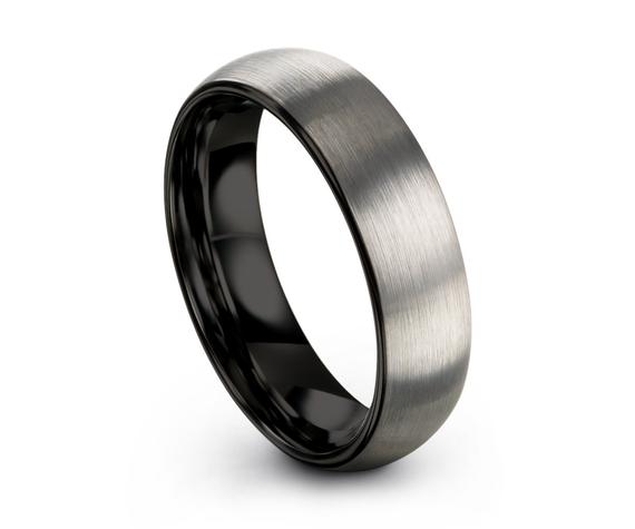 ATOP Tungsten Ring Brushed Silver, Mens Wedding Band Black 6mm