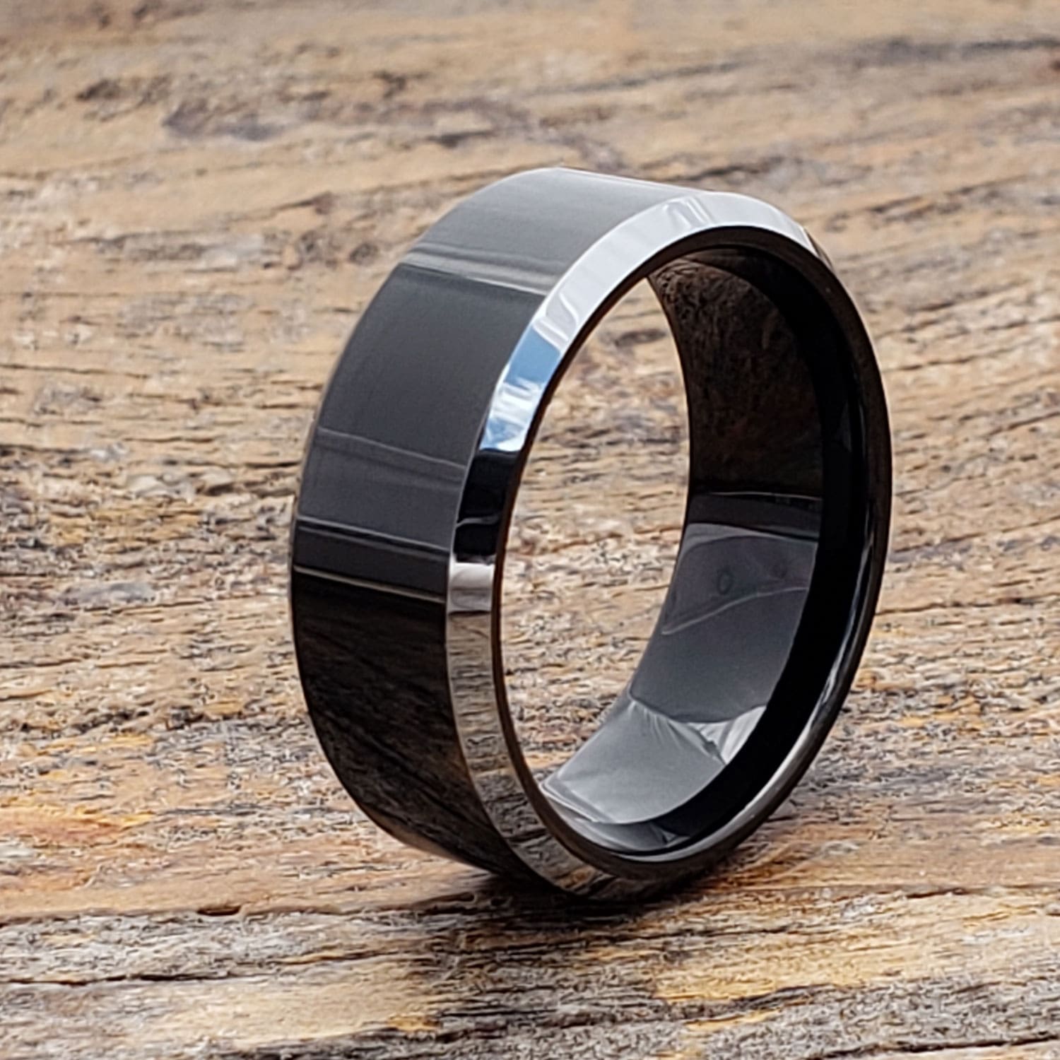 ATOP Kana Black Tungsten Relationship Ring for Couples 9mm Beveled Silver