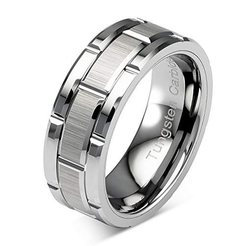 ATOP Tungsten Rings for Men Wedding Band Silver Brick Pattern Brushed