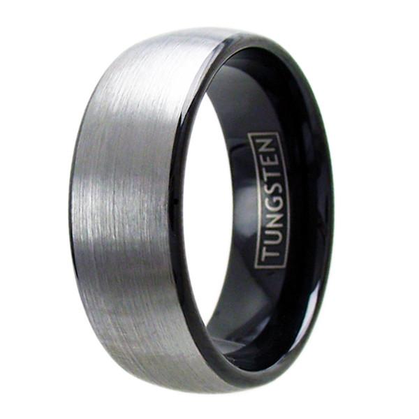 ATOP Beautiful Two Tone Black Tungsten Ring with Wide Silver Brushed Finish Cente
