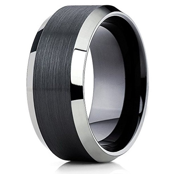ATOP 10mm Tungsten Wedding Band Black Tungsten Carbide Ring Polished Silver,