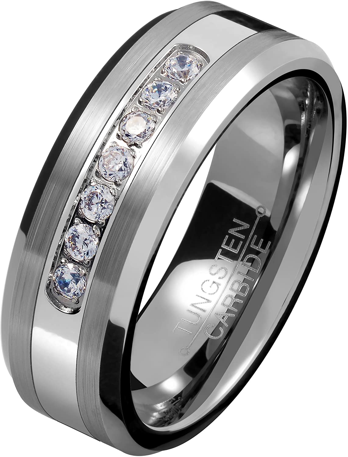 ATOP Mens Silver 8mm Tungsten Carbide Ring Cubic Zirconia Wedding Jewelry