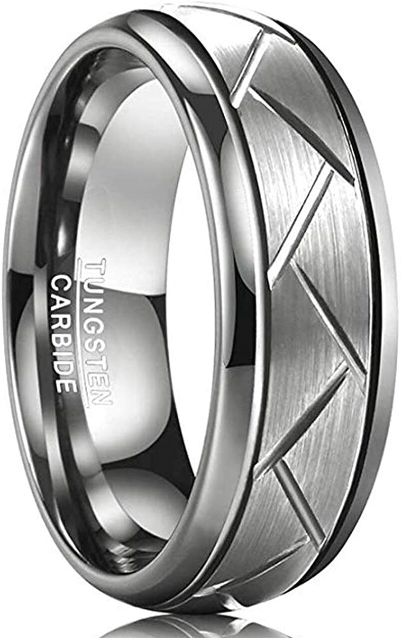 ATOP 8mm Men's Domed Diagonal Grooves Tungsten Carbide Rings Silver Grey