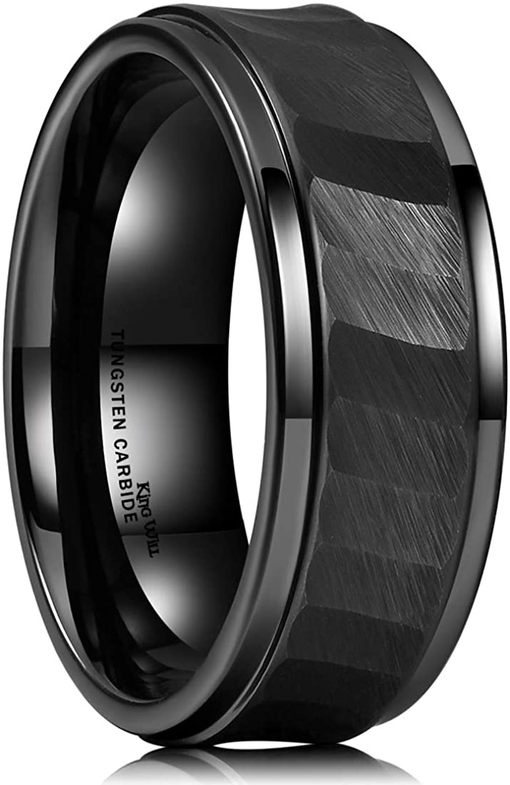 ATOP 8mm Black/Silver Tungsten Carbide Ring Hammered