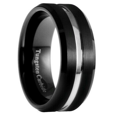 8mm Tungsten Carbide Men Women Black Silver Groove Wedding Band Ring Size  7-15 | eBay
