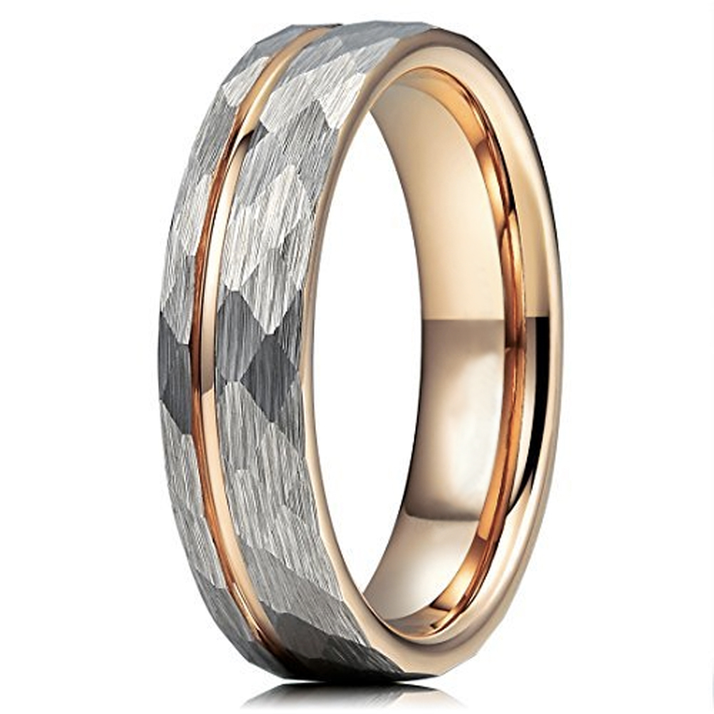 6mm - Unisex or Women&#39;s Tungsten Wedding Band. Hammered Brushed Silver  Tungsten Ring with Rose Gold Interior and Stripe Design - Seller Savings  Direct