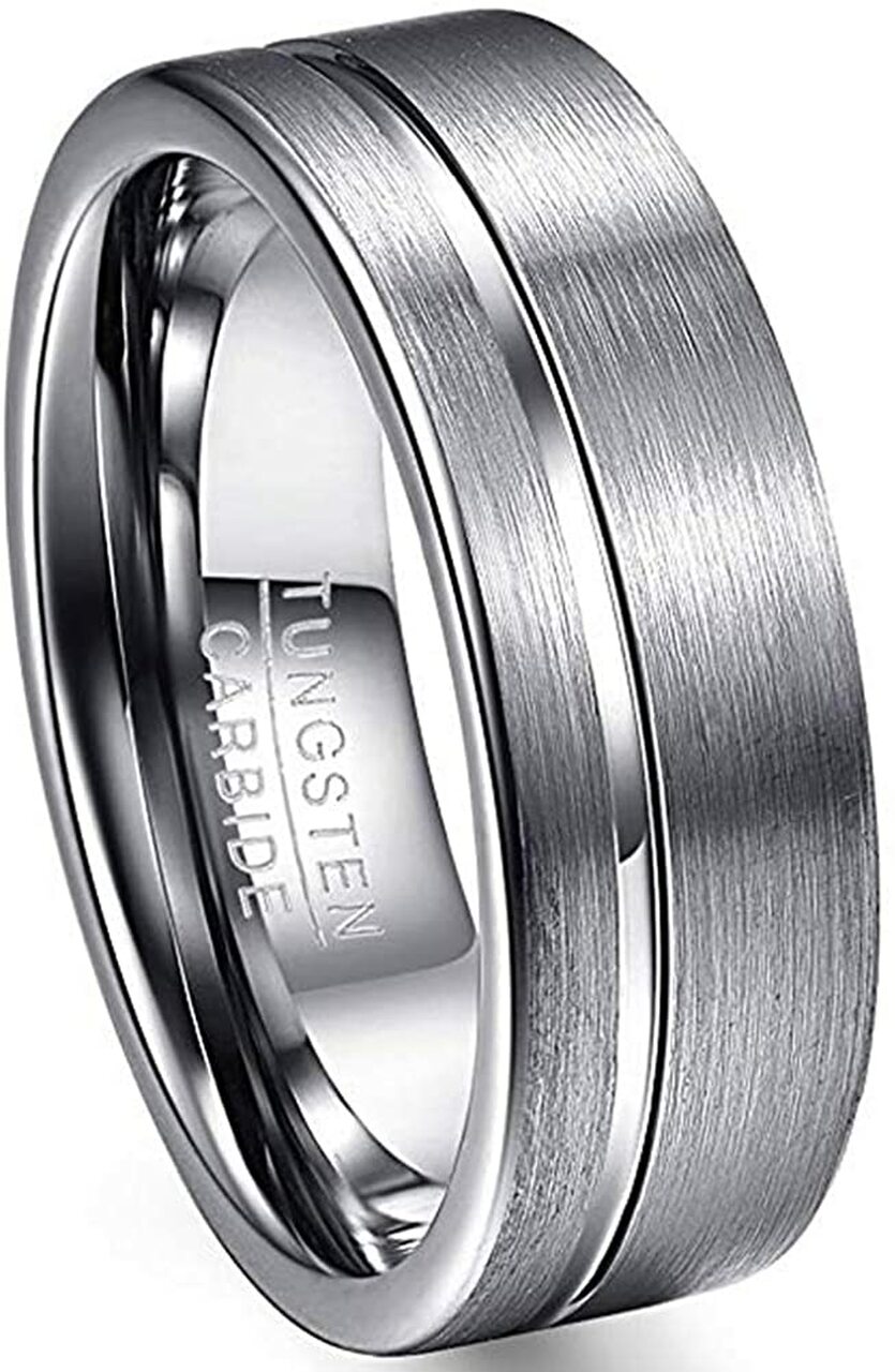 ATOP 8mm Men's Polished Grooved Tungsten Carbide Rings Silver Grey Brushed