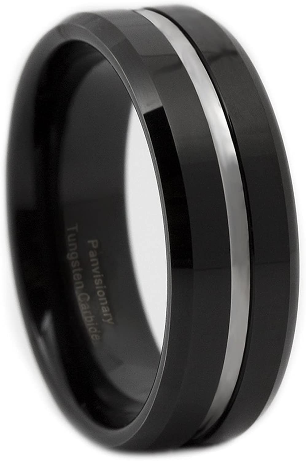 Amazon.com: Panvisionary Tungsten Ring 8MM Black Ion Plated Thin Silver  Line Band: Jewelry