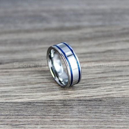 Silver Tungsten Rings, Silver Tungsten Wedding Bands, 2 Piece Couple Set Silver  Wedding Bands with Blue Grooves, Blue Wedding Rings, Blue Tungsten Wedding  Rings