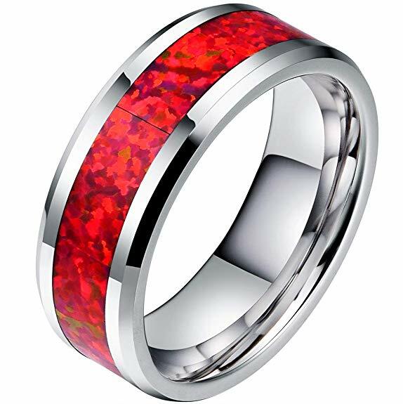 ATOP 8mm Unisex or Men's Red Opal Inlay Mens Tungsten Wedding Band Ring.
