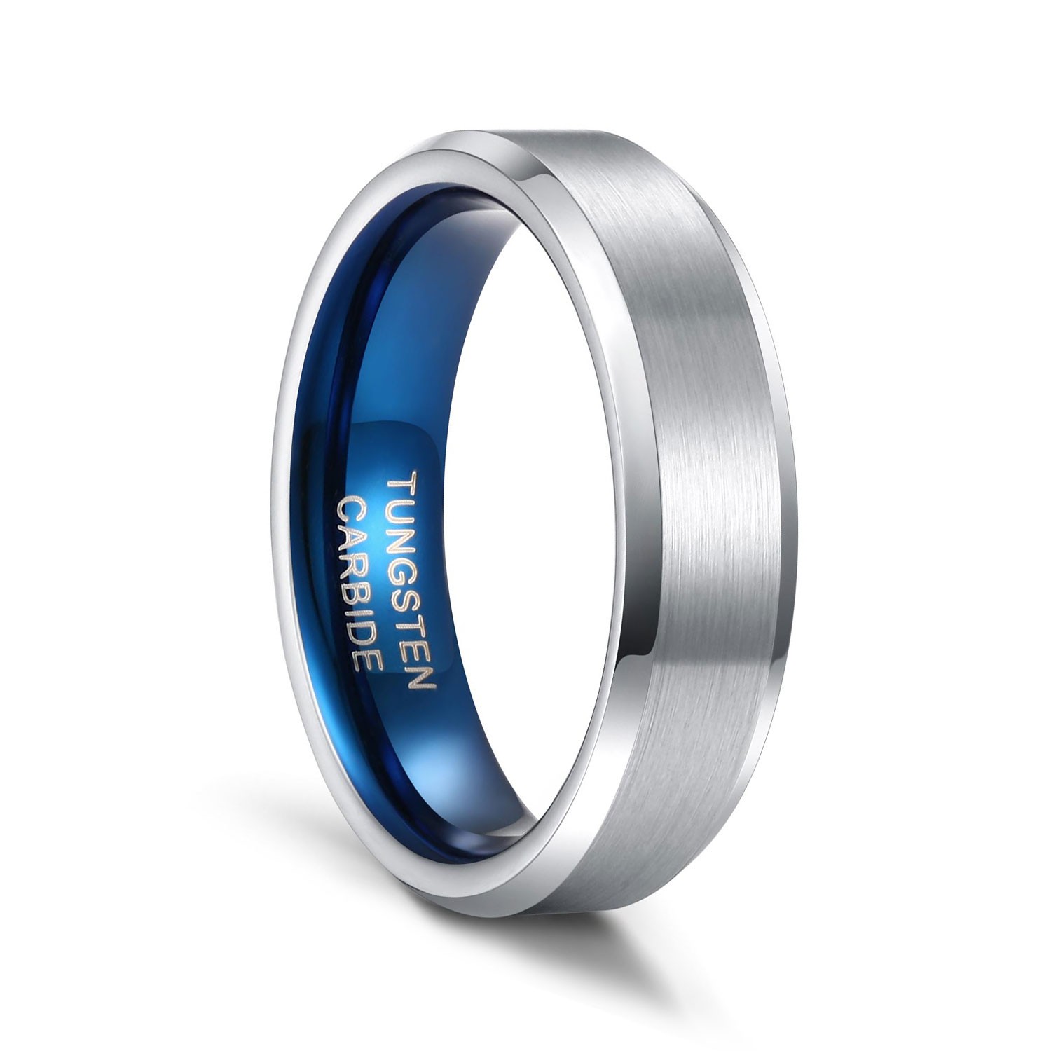 Blue and Silver Tungsten Rings with Brushed Center 4 - 8mm