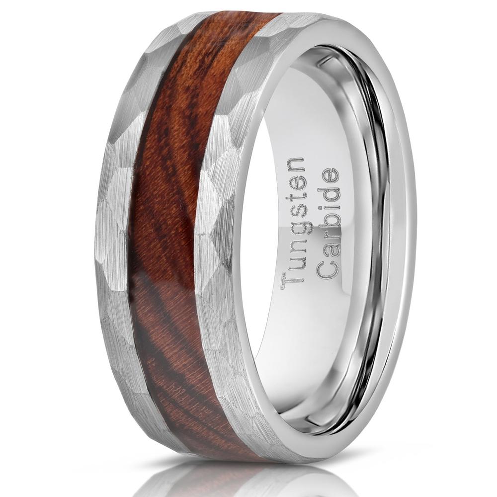 Zeus&quot; Hammered Tungsten Carbide Ring- Silver with Desert Ironwood - Rings  By Lux