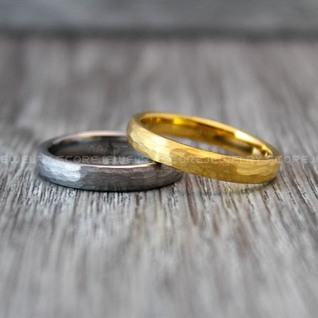 Hammered Rings, Hammered Tungsten Rings, 2 Piece Couple Set Hammered Ring,  Yellow Gold Wedding Bands, Silver Hammered Tungsten Bands, Yellow Gold  Wedding Rings, Silver Tungsten Wedding Rings