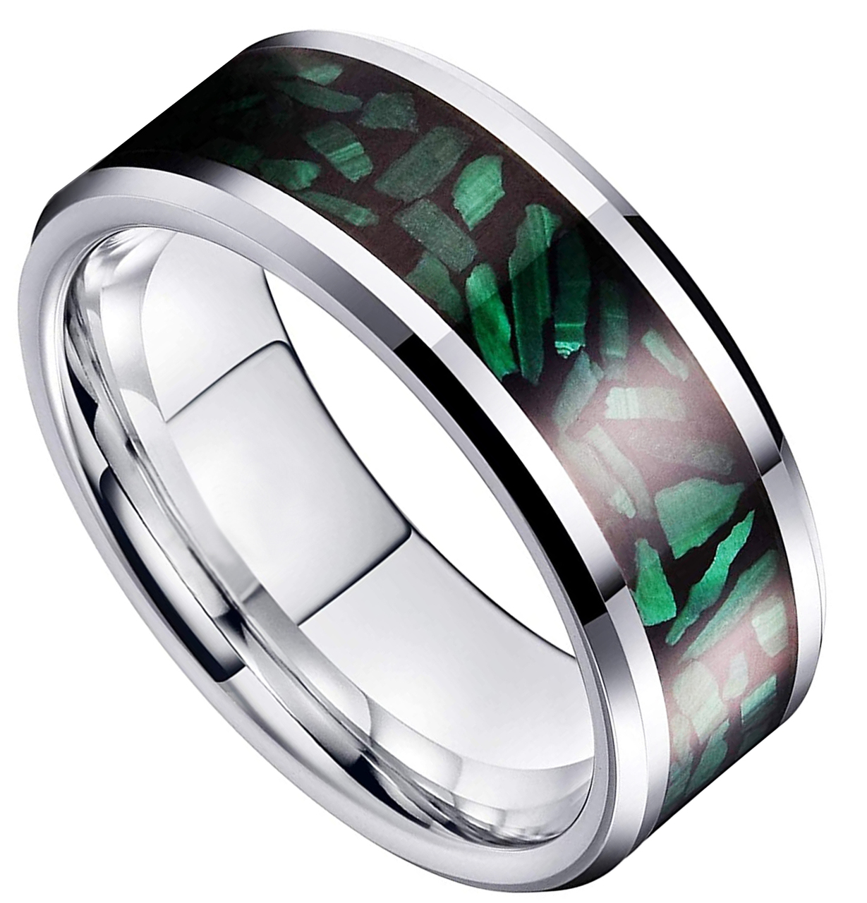 8mm - Unisex, Men&#39;s or Women&#39;s Green Malachite Inlay Tungsten Wedding Band  Ring. Silver Tone Tungsten Carbide Ring Comfort Fit - Seller Savings Direct