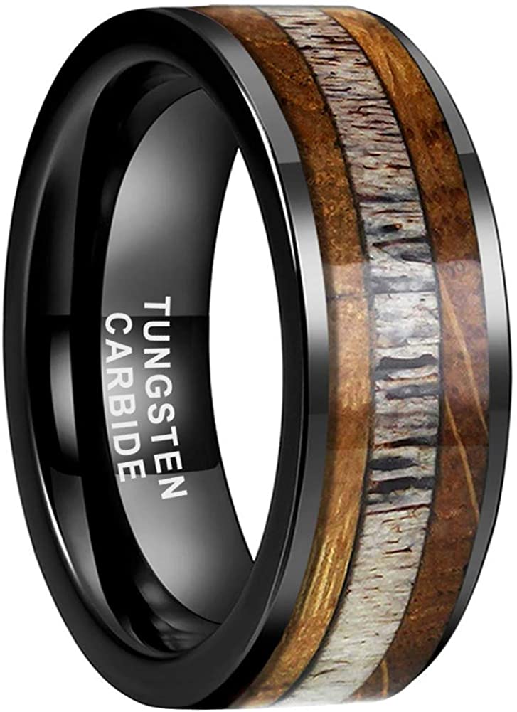 iTungsten 8mm Silver/Black/Rose Gold Tungsten Carbide Rings for Men Women Wedding  Bands Whiskey Barrel Oak Wood Deer Antler Inlay Polished Shiny | Amazon.com