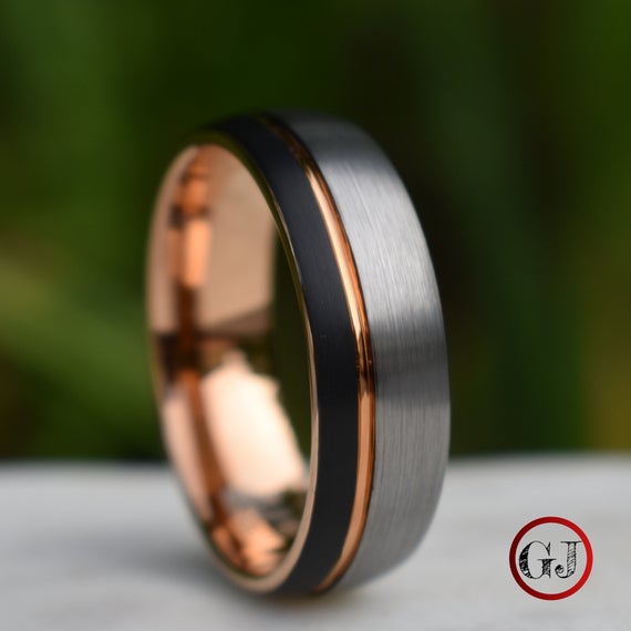 ATOP Domed 8mm Tungsten Ring Black and Silver Brushed with Rose