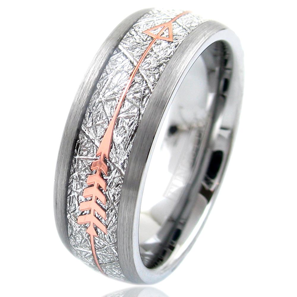 Silver Tungsten Ring w/ Faux Meteorite &amp; Rose Gold Feathered Arrow -  925Express
