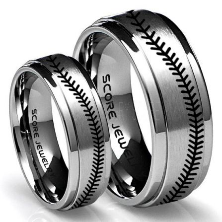 ATOP 2 Piece Couple Set Baseball Rings, Baseball Stitch Pattern Rings, Silver