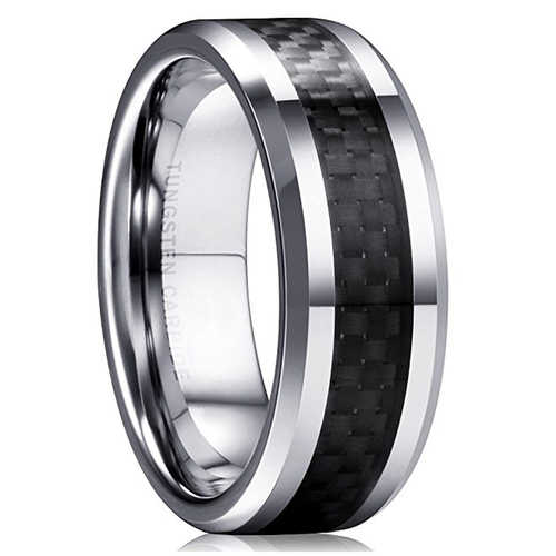 8mm - Unisex or Men&#39;s Tungsten Wedding Band. Silver and Black Carbon Fiber  Inlay Comfort Fit. - Seller Savings Direct