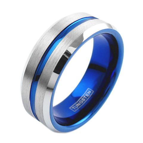 ATOP Two-Tone Tungsten Ring w/ Blue Inner Band Silver Outside & Blue Stripe.
