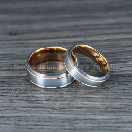 Rose Gold Rings, Rose Gold Wedding Bands, 2 Piece Couple Set Silver  Tungsten Rings, Silver Tungsten Wedding Bands with 14K Rose Gold Grooves, Silver  Wedding Bands, Silver Wedding Rings, Silver Tungsten Wedding