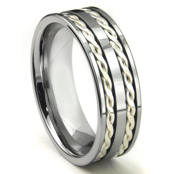 ATOP Tungsten Carbide Silver Rope Comfort Fit Mens Wedding Band