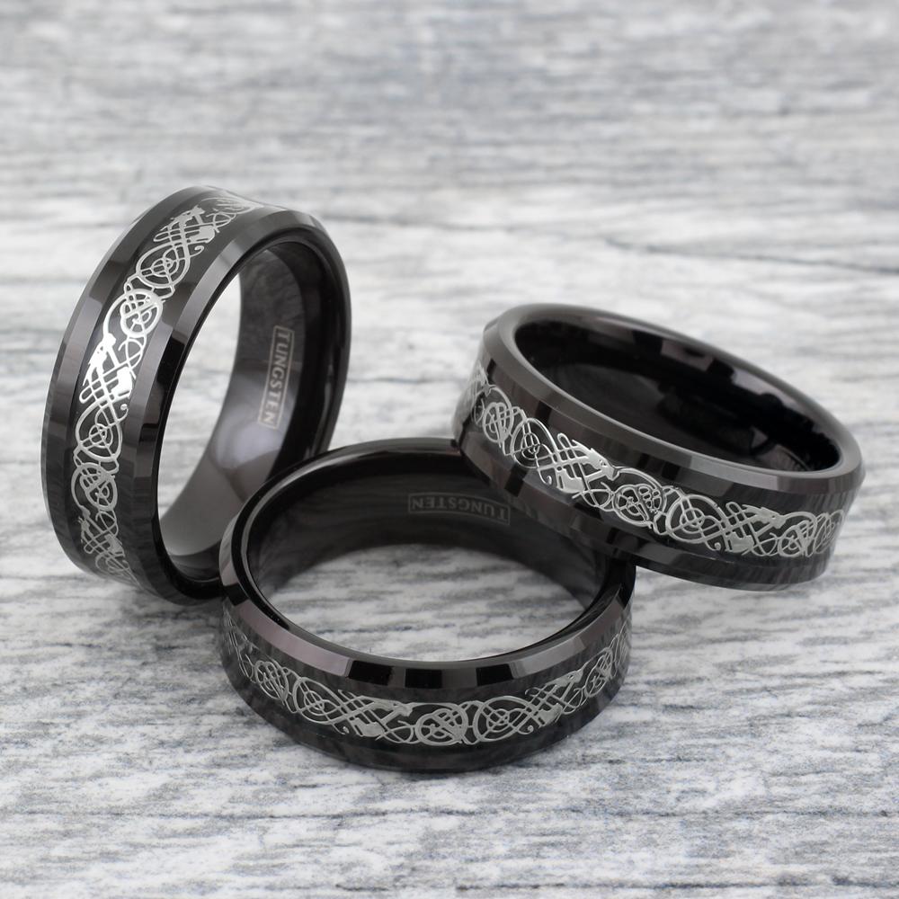 ATOP Brilliant Black Tungsten Ring with Silver Celtic Dragon on Dark Black
