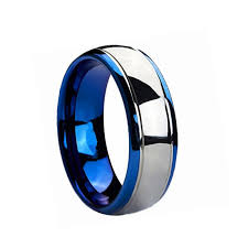 ATOP Couples Wedding Band Blue and Silver Dome Gunmetal Tungsten Carbide Ring
