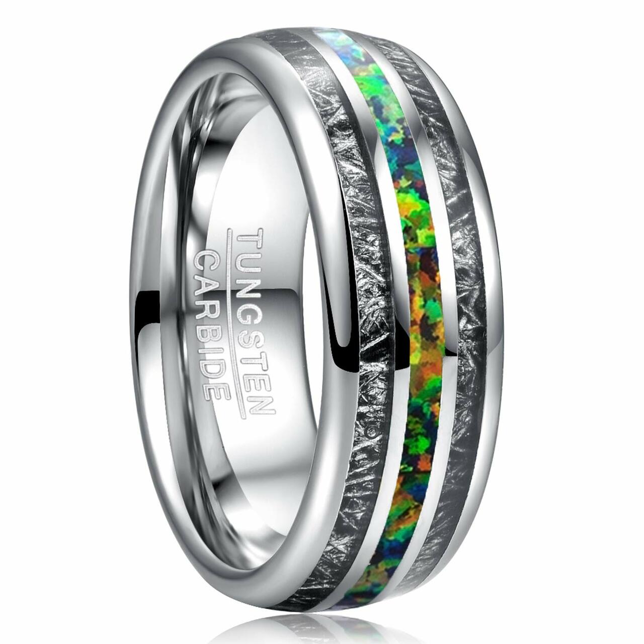 8mm) Unisex or Men&#39;s Tungsten Carbide Wedding ring bands. Silver Meteorite  Ring with Multi Color Green Opal Inlay (Organic colors) - Ring Blingers |