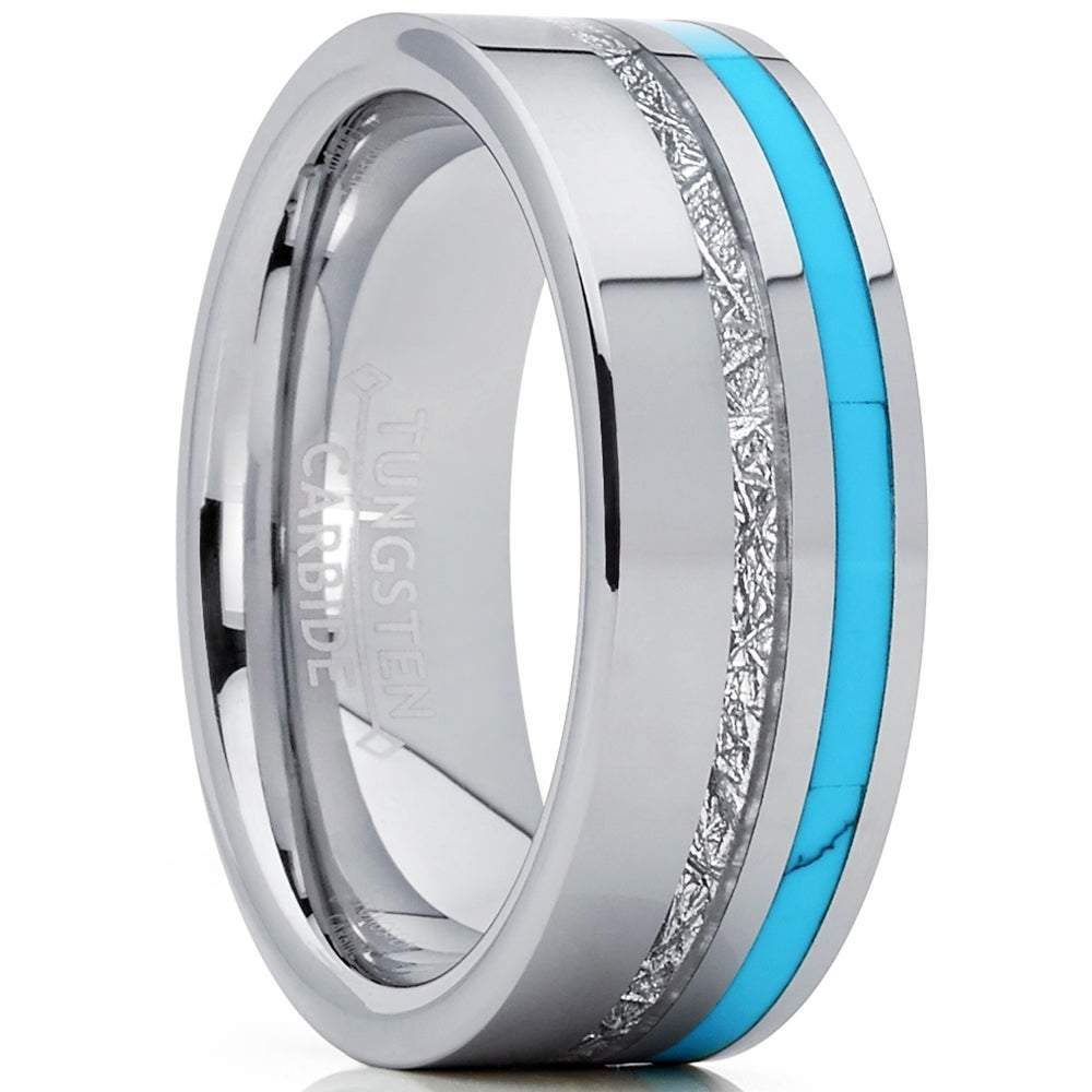 Men's Turquoise & Meteorite Inlay Wedding Ring Silver Tungsten Carbide ATOP Jewelry