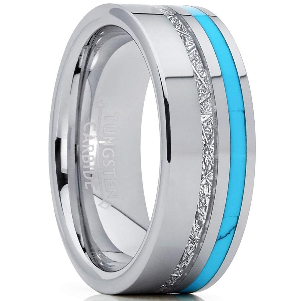 Amazing Men&#39;s Turquoise &amp; Meteorite Inlay Wedding Band Silver Tungsten –  thenordictradingco.com