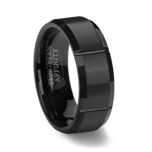 Black Slotted Mens Tungsten Ring with Brushed Finish ATOP Jewelry