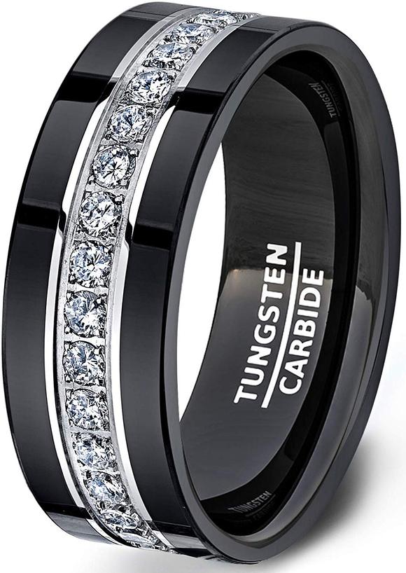 Black Tungsten Rings Fully Stacked Around The Ring with White Sapphire |  Ralph&#39;s Jewelers