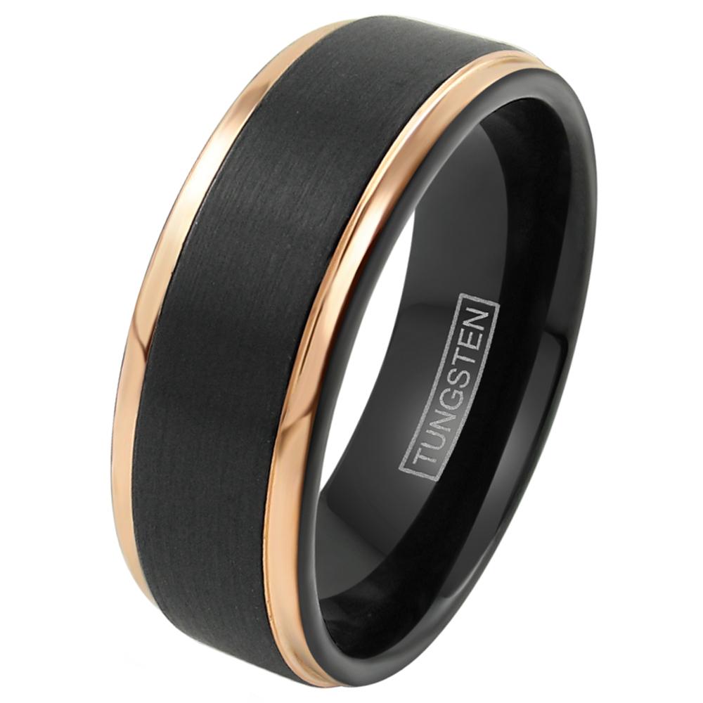 Black Brushed Finish Tungsten Ring w/ Gorgeous Rose Gold Stepped Edges -  925Express