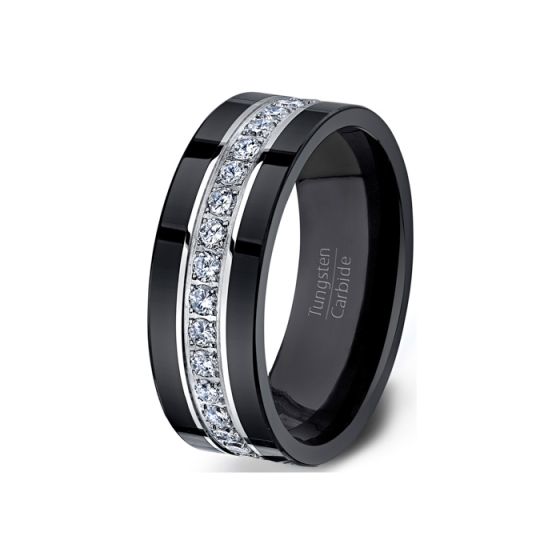 Mens Wedding Band/Fashion Ring 8mm Black Tungsten Ring Fully Stacked with  Cubic Zircon Comfort Fit