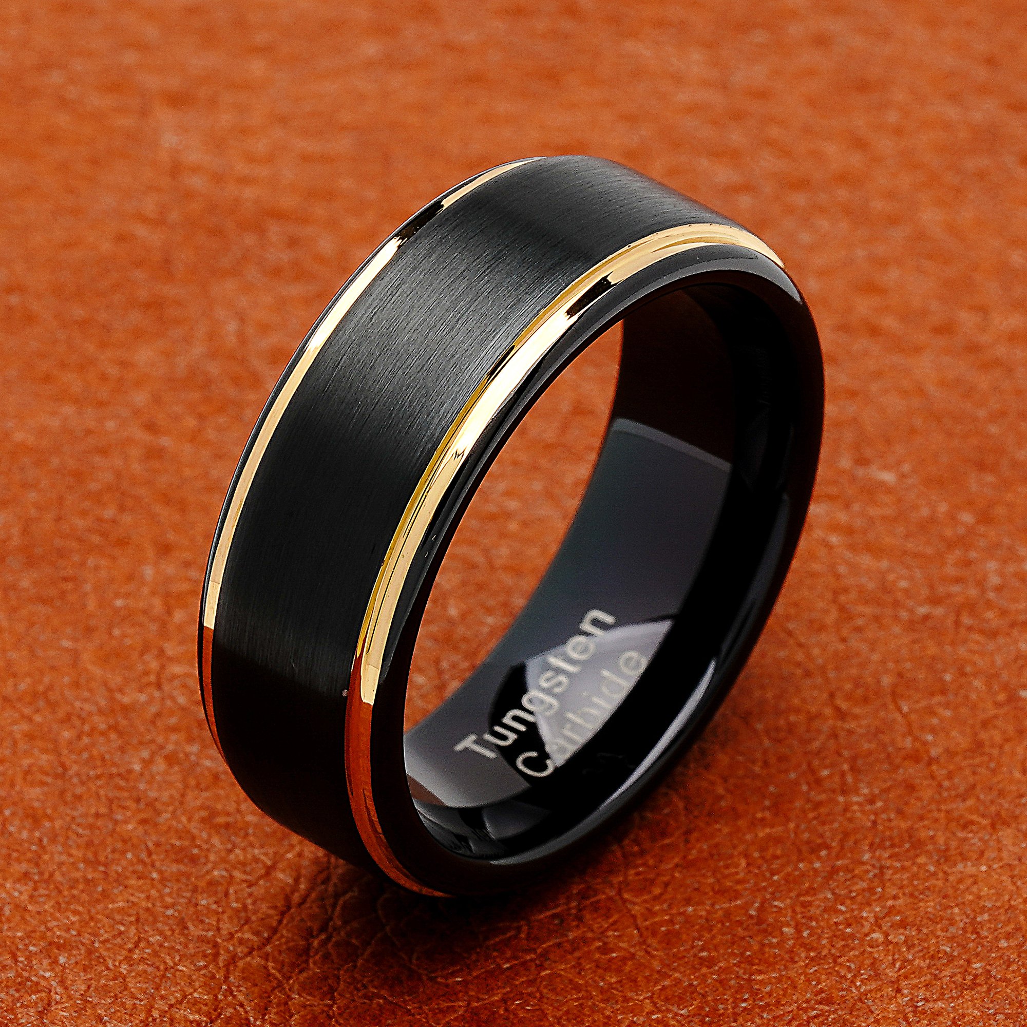 ATOP Tungsten Ring for Men Two Tone Black Gold Wedding Band Center Brushed