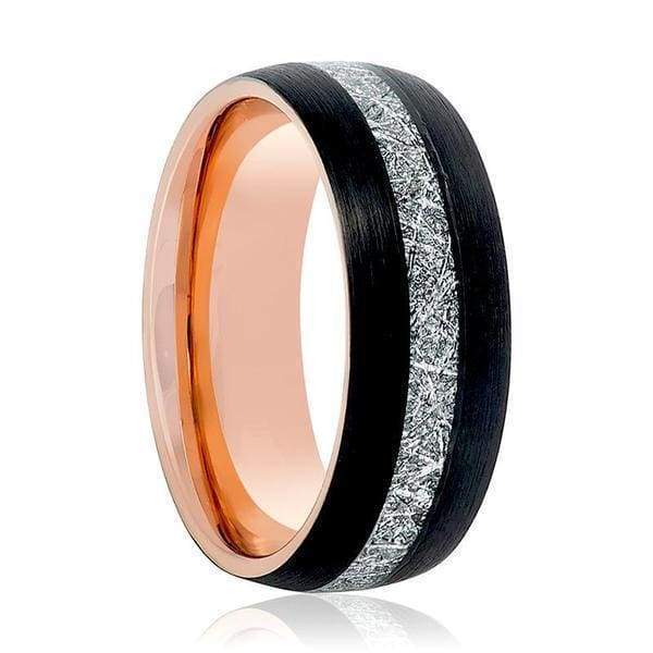 ATOP Men's Black Tungsten Carbide Ring With Rose Gold & Meteorite Inlay 8mm