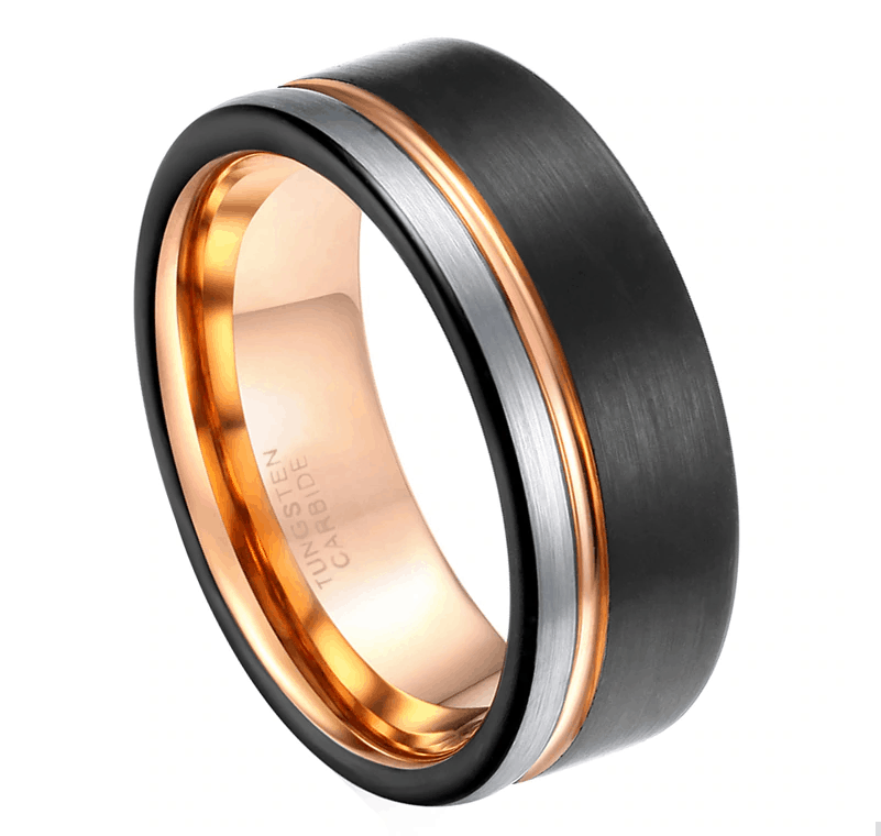 ATOP 8mm Black Tungsten Wedding Band with Rose Gold Groove