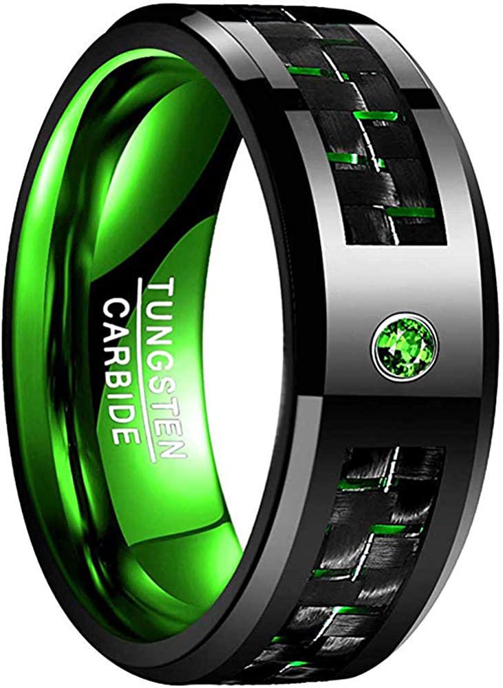 NUNCAD Mens Tungsten Carbide Rings Black Polished Finish Wedding Band for  Men Women Green CZ Inlay Beveled Edges Comfort Fit Size 7 | Amazon.com