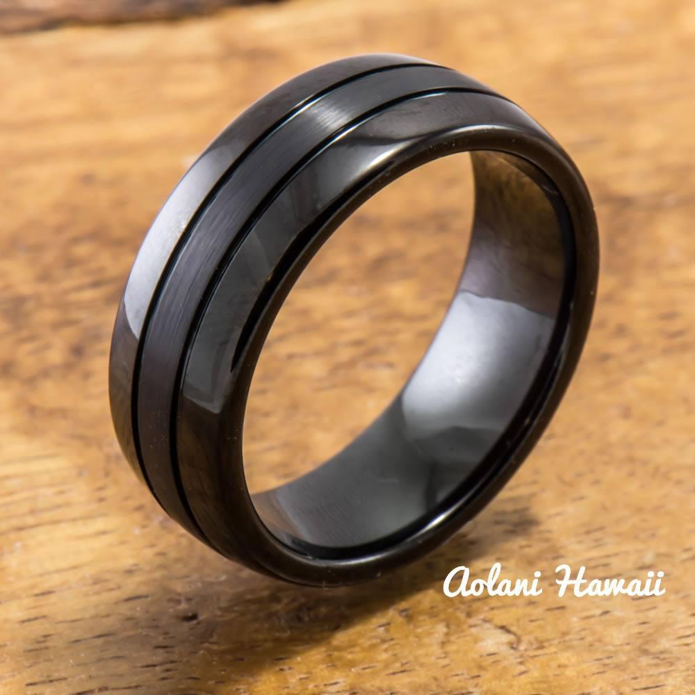 ATOP Jewelry -  Black Tungsten Ring with Brushed Satin Center Inlay ( 8mm width, Barrel style)