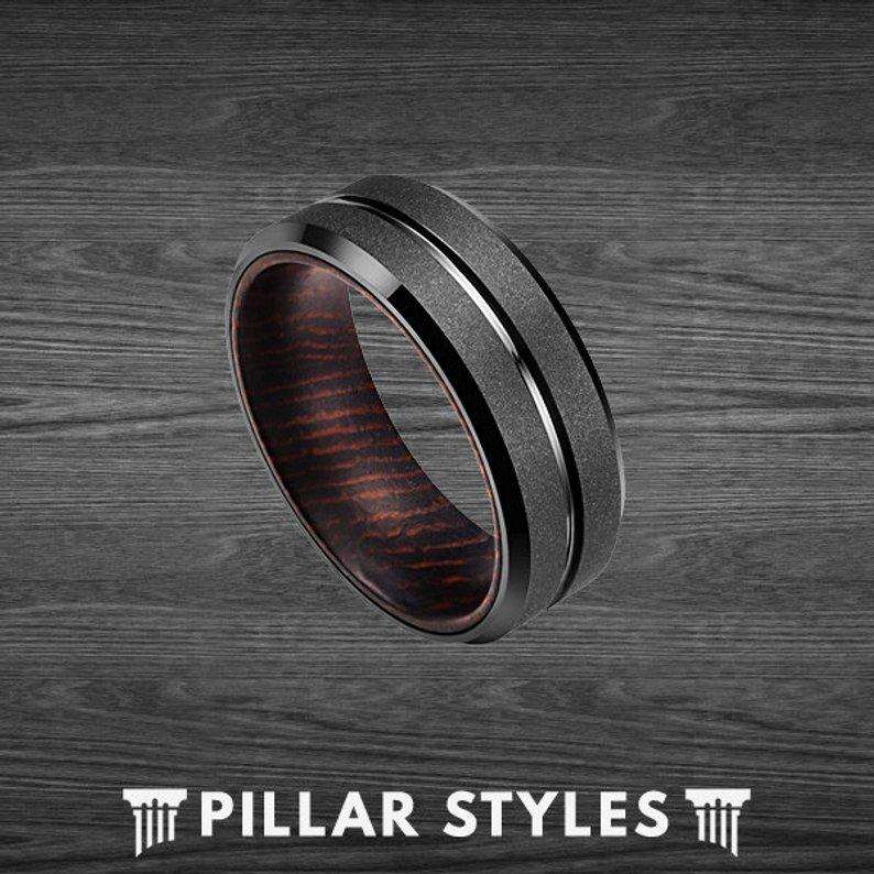 Unique Wenge Wood Ring Black Tungsten Ring Mens Wedding Band– Pillar Styles