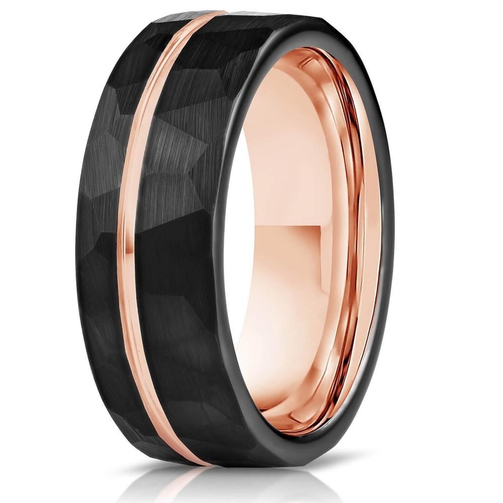 Zeus&quot; Hammered Tungsten Carbide Ring- Black w/ Rose Gold Strip- 8mm - Rings  By Lux