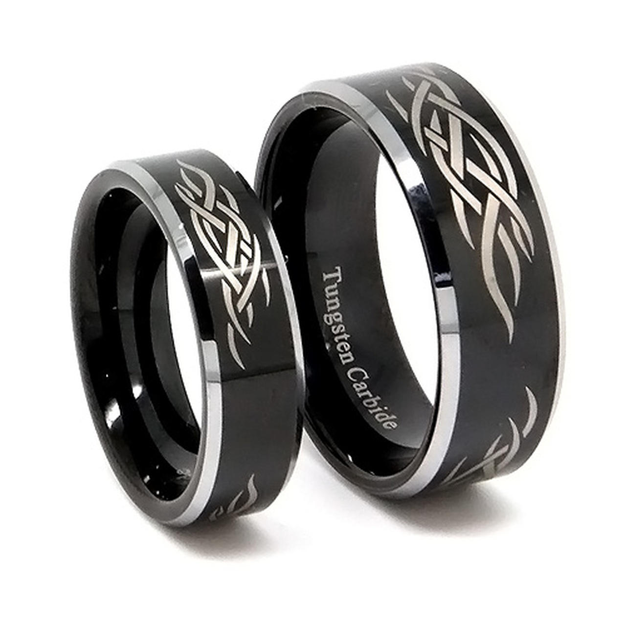 Black Tungsten Wedding Band Set, Titanium Top Matching Rings, Laser Tribal  Design, 8MM and 6MM - Tungsten Ring Direct