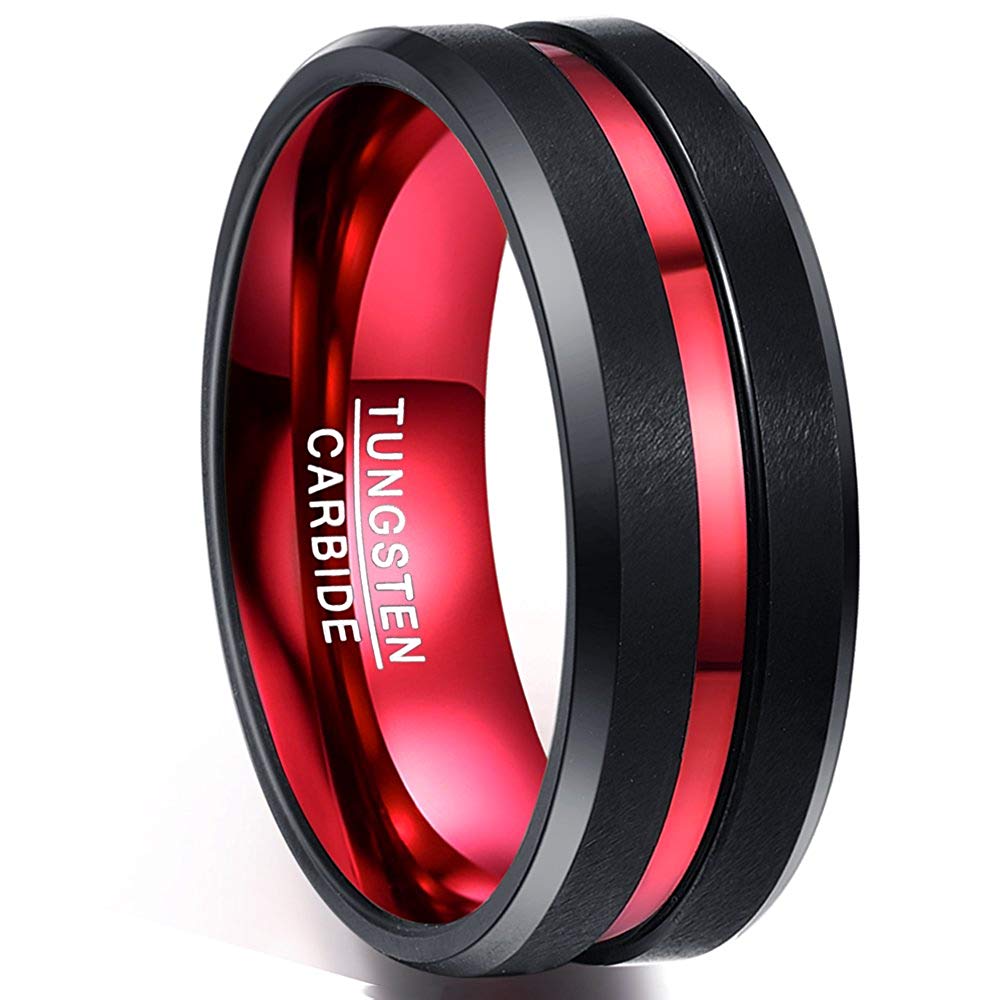 Black and Red Beveled Firefighter Tungsten Band 8mm
