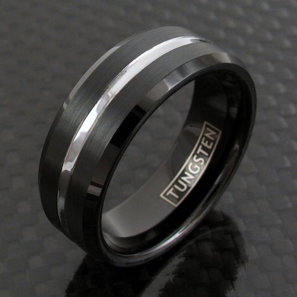 Satin Black Tungsten Ring with Silver Stripe. Wholesale - 925Express