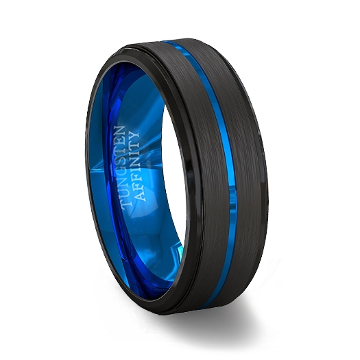ATOP Jewelry -  Black & Blue Brushed Tungsten Carbide Ring with Blue Center Channel